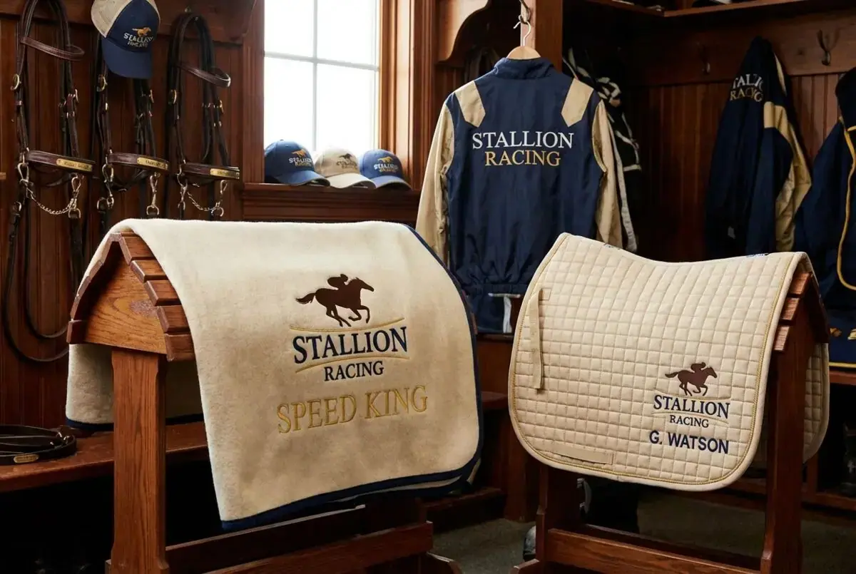 Bestickte Pferdedecken und Schabracken mit Racing-Logo und Pferdenamen im Stallbereich, Stickerei Wien
