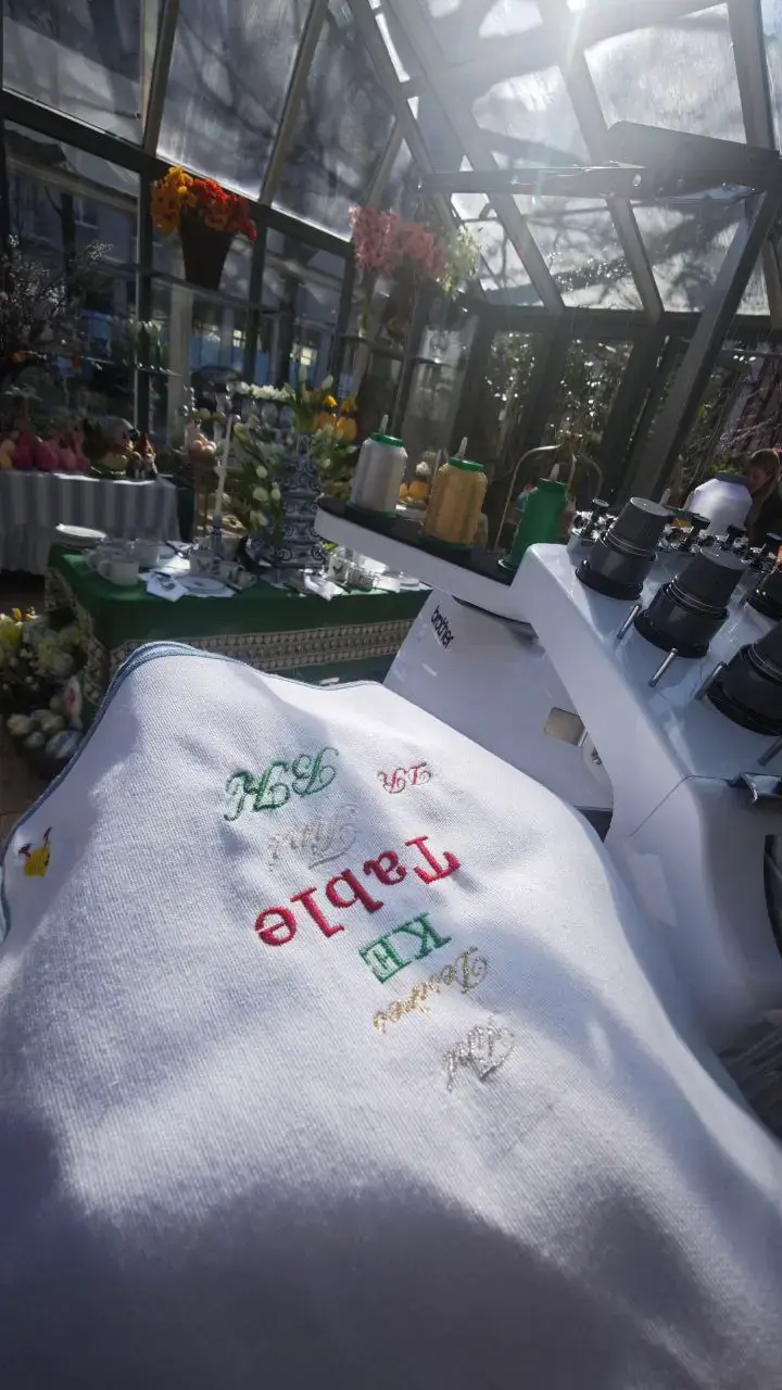 Diverse Stickschriften auf weißem Textil, Schriftmuster Stickmaschine Wien