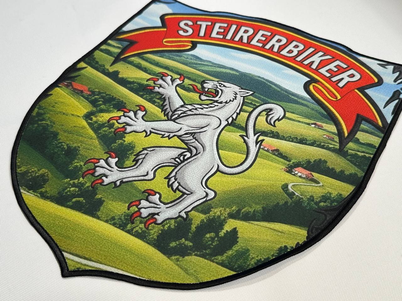 Steirerbiker Wappen als vollflächig bedruckter Aufnäher mit Panther, gedruckter Patch Wien