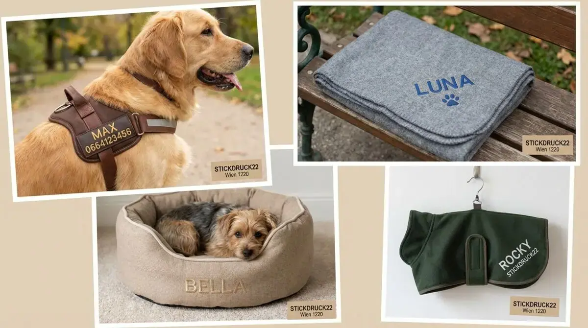 Hundegeschirr mit Name und Telefonnummer bestickt, Hundedecke personalisiert, Hundebett und Hundejacke bestickt, Stickerei Wien