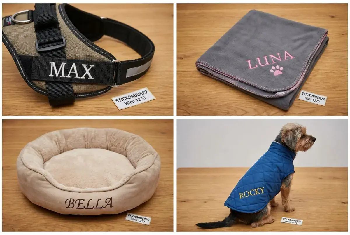 Hundegeschirr, Hundedecke, Hundebett und Hundejacke bestickt mit Namen, Hunde Bestickung Wien STICKDRUCK22