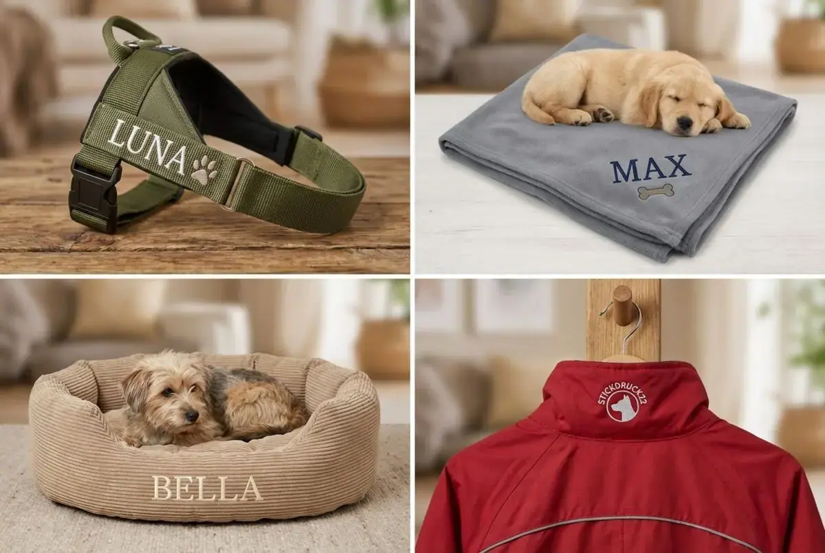 Hundesachen besticken lassen, Hundegeschirr, Hundedecke, Hundebett und Hundejacke mit individuellem Namen bestickt in Wien