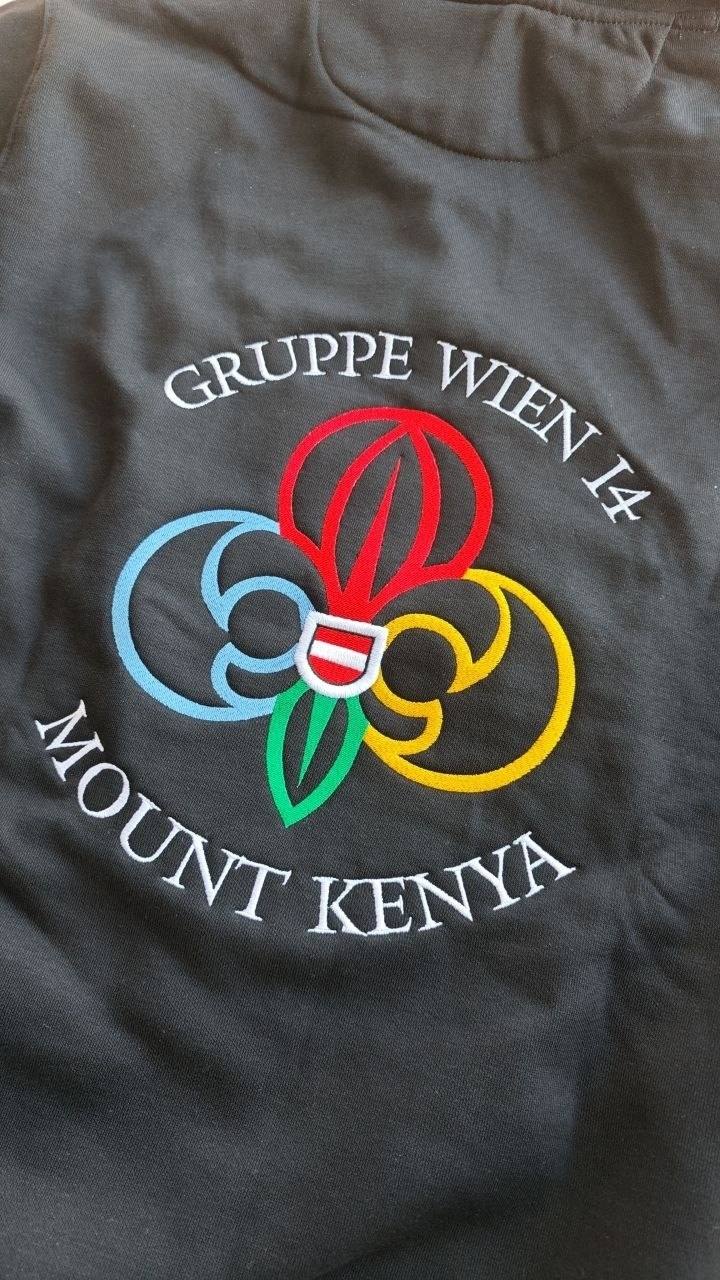 T Shirt bestickt mit Pfadfinder Logo Gruppe Wien 14 Mount Kenya, Vereinsstickerei Wien