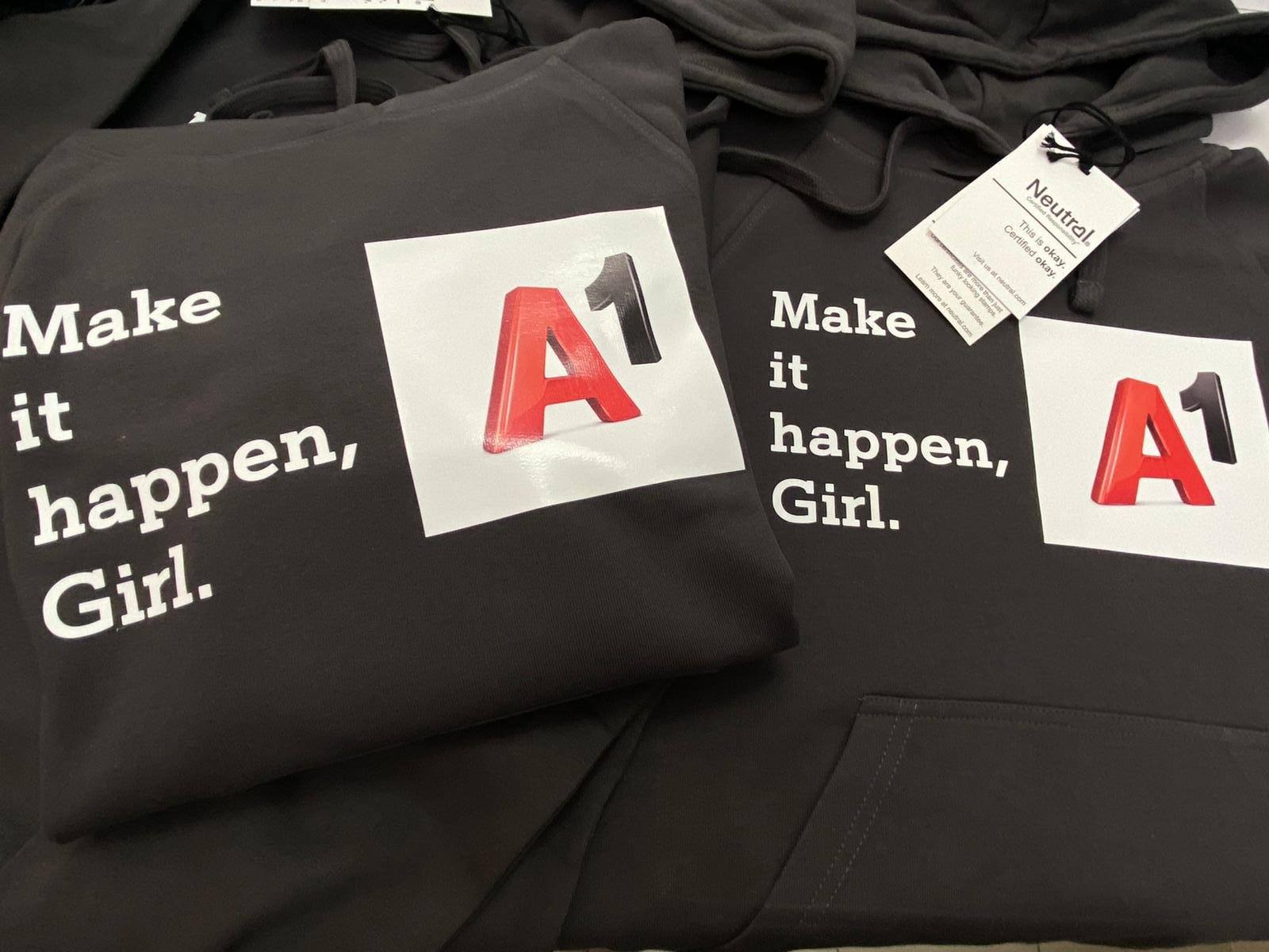 Printed A1 hoodies with Make it happen, Girl motif, textile printing by STICKDRUCK22 Vienna
