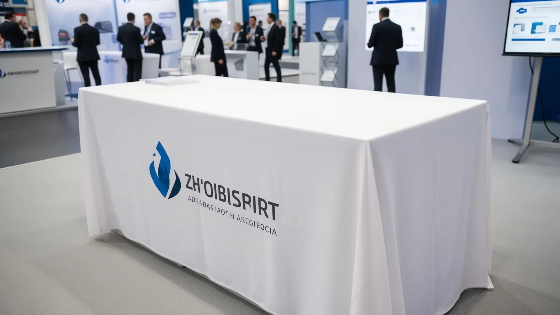 Weißes Tischtuch mit aufgedrucktem Firmenlogo auf einem Messestand, Tischtuch-Bedruckung von STICKDRUCK22