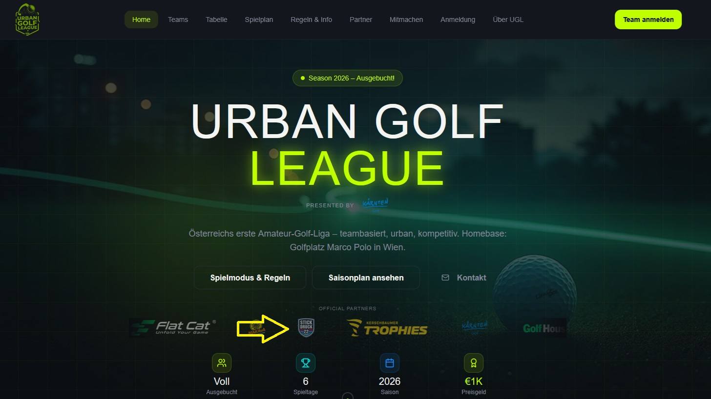Urban Golf League Webseite zeigt STICKDRUCK22 als Official Partner