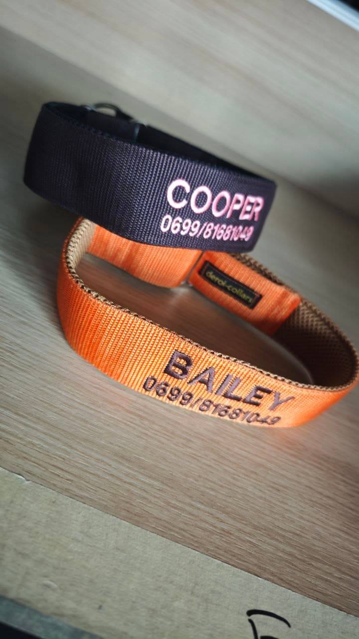 Hunde Halsband besticken lassen | Name & Telefonnummer auf dem Band |  Stickerei und Druckerei Wien